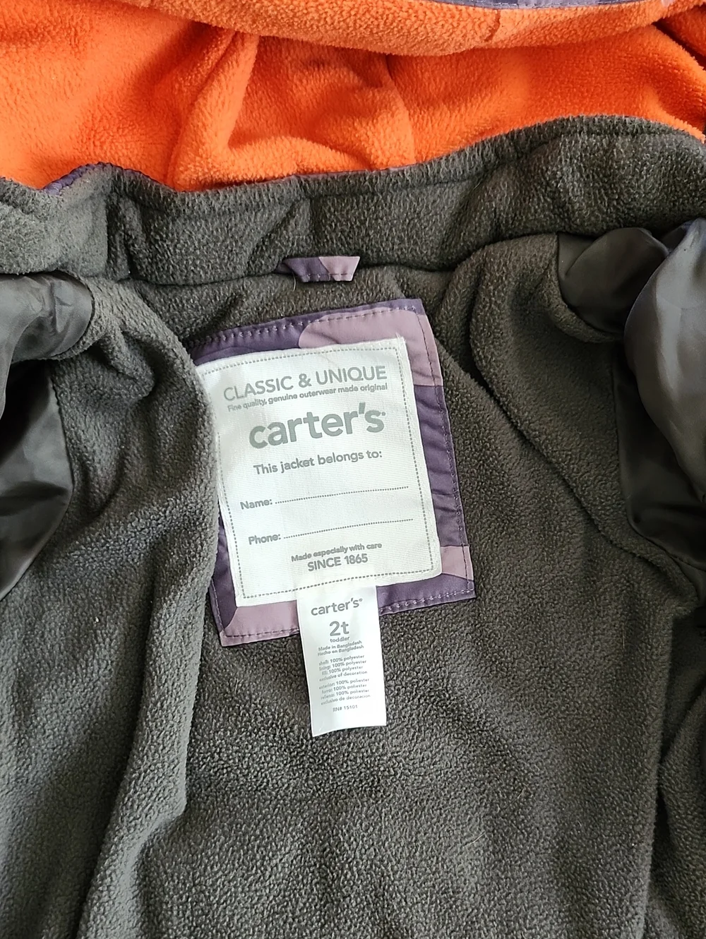 Carter's Camo Green  Puffer Jacket with Orange Hood Lining, 2T